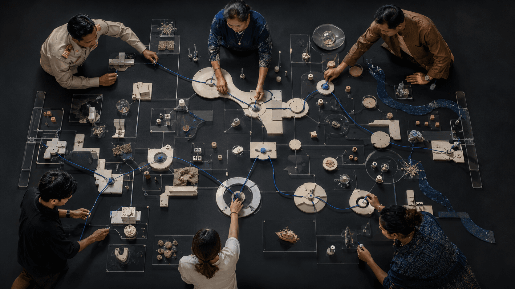 People shaping a physical operating system around a continuous blue thread.