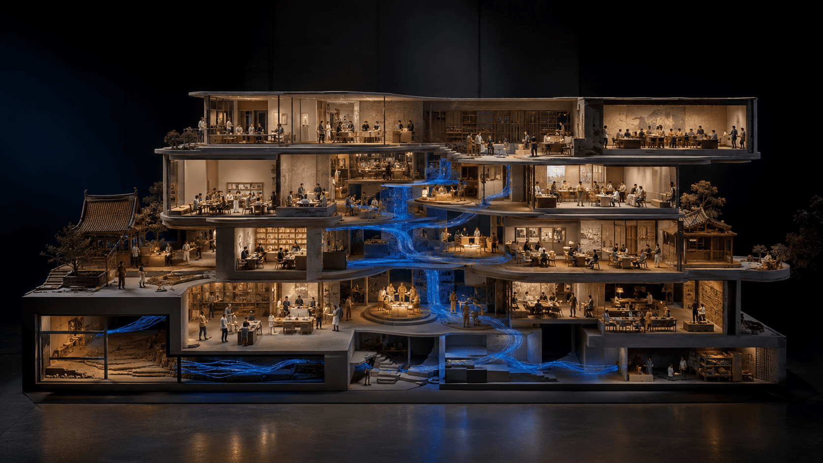 Cutaway institution showing intelligence flowing beneath human work and decision-making.
