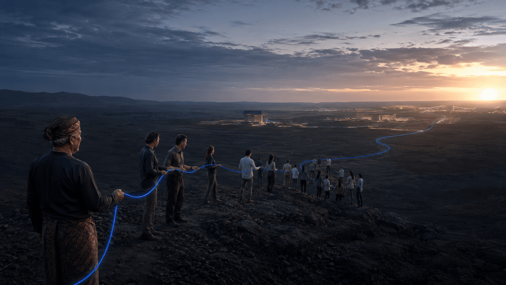 People carrying a blue thread of knowledge and capability toward a shared future.