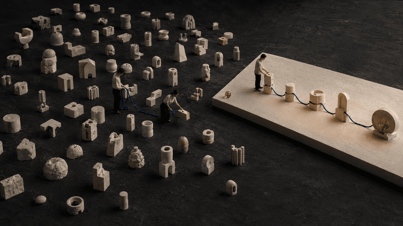 People lifting a few forms out of a scattered field of opportunities onto an ordered sequence.